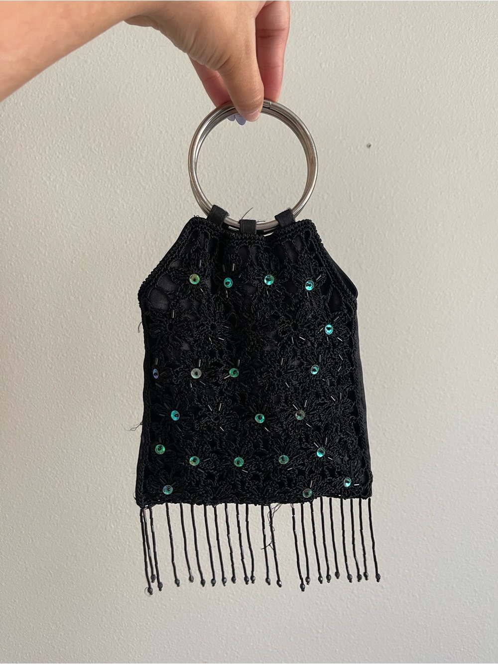 Black Beaded Fringe Handbag with Silver Ring Handles